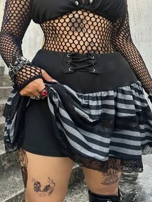 Whyspr 大码撞色条纹收腰双层蕾丝边半裙短裤 - 彩色 - 查看 6