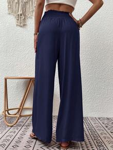 EMERY ROSE Vacation Casual Solid Color Wide Leg Pants - Navy Blue - View 2