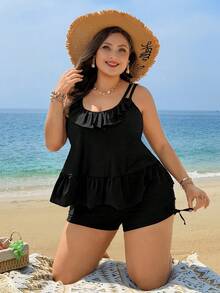 Swim Lushoire 2026新款加大码女士纯色两件式泳衣，肩带可调节，胸垫可拆卸，优雅荷叶边前片设计，修身下装饰有褶皱荷叶边，高腰短裤配有优雅抽绳，显瘦休闲沙滩/泳装 - 黑色 - 查看 6