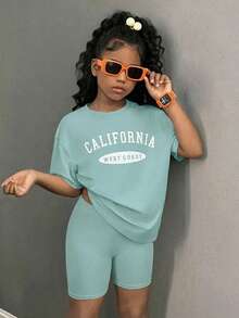 SHEIN 少女休闲时尚宽松T恤和紧身骑行短裤两件套 - 綠色 - 查看 3