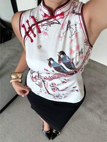 POPSWAY Áo sườn xám kiểu Trung Quốc mới in hình chim ác và hoa mai, áo vest ngắn tay không tay cổ đứng cài nút ôm sát dành cho nữ mùa hè. - Màu be - Xem 7