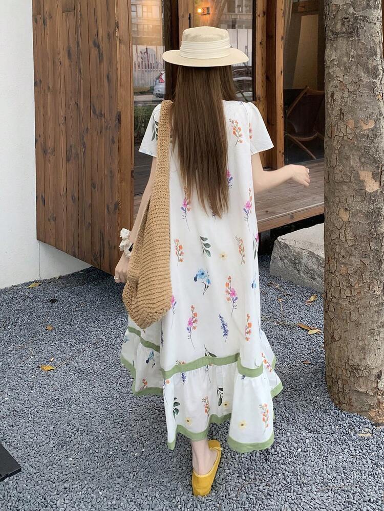 Women's Round Neck Korean Style All-Over Print Loose Casual Mid-Length Dress, Spring/Summer Floral Dresses For Women