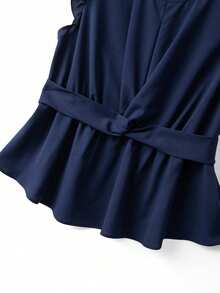 GlowEve CURVE Plus Size Women's Round Neck Twist Knot Cap Sleeve Blouse, Suitable For Daily Commute, Outing, And Social Events - Navy Blue - View 3