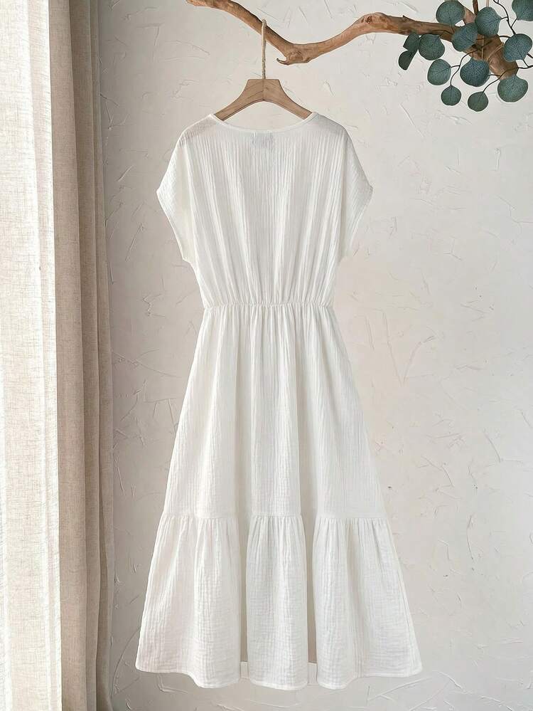 Plus Size Women's Summer Casual Vacation Country  Short Sleeve Solid Color White Mid-Length Dress, Comfortable & Relaxed,Plus Size Women's Summer Casual Vacation Country Short Sleeve Solid Color Mid-Length Dress, Comfortable & Casual/Summer,Comfortable And Breathable,Summer Holiday,Spring Break Outfits ,Vacation Outfits Women ,Holiday Outfits For Women,Going Out Outfits,2026 New Clothes,Simple And Fashionable For Everyday Wear,Casual Dresses For Women,Flowy Dress ,Suitable For Summer, Vacation, Commute, Daily Wear Cottagecore Dress Solid Color Dress,Vacation, Daily Wear, Festival Outfits For Women,Country Concert Outfit,Beach Outfits For Women,Western Style