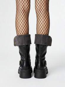 ROMWE Goth 西部风格搭扣假日复古英伦厚跟高筒女靴，2025秋冬新款，修身骑马靴，派对靴 - 黑色 - 查看 2