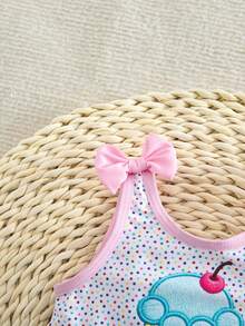 SHEIN 女嬰夏季度假海灘波點與冰淇淋刺繡連身泳衣，女嬰可愛花卉印花蝴蝶結泳衣女孩海灘裝 - 粉色 - 查看 3