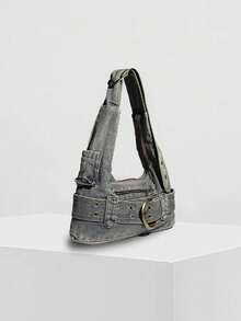 ROMWE Grunge Punk 1个银灰色水洗牛仔布腋下包，多功能休闲斜挎包，Y2K复古通勤信使包，机车包，适合日常、休闲、旅行、外出、购物、上学、通勤，可搭配牛仔裤、T恤、连帽衫、皮夹克 - 灰色 - 查看 2