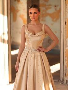 Aureia 优雅浪漫时尚卡其色缎面无肩带串珠装饰超大裙摆正式派对礼服、婚礼宾客礼服、卡其色连衣裙、时尚优雅连衣裙、伴娘礼服、正式晚礼服 - 卡其色 - 查看 3