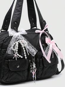 ROMWE Kawaii Women's Retro Distressed Gradient Cross & Heart Pendant Decoration Bowknot Strap Tote Bag, Large Capacity Shoulder Bag With Multiple Pockets - black gold - View 4