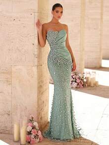 Glamrae Đầm dạ hội sang trọng, thanh lịch, đính cườm, sequin và thêu hoa, chất liệu vải dệt kim co giãn, kiểu dáng đuôi cá gợi cảm, thích hợp cho đám cưới, tiệc tùng, dạ hội và các sự kiện trang trọng. - Màu xanh Bạc hà - Xem 6