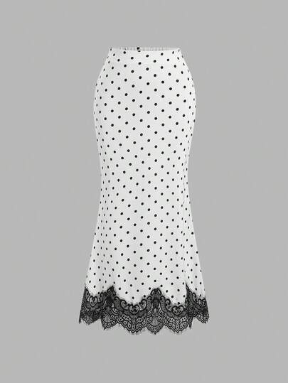 Sweetra Elegant Retro Polka Dot Design French Early Autumn Long Skirt, Wide Hem Lace Patchwork Sexy Classic Versatile Office Lady Skirt