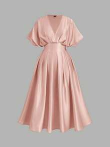SHEIN MOD Đầm midi satin xếp ly tay ngắn cổ chữ V màu trơn cỡ lớn, thanh lịch - Bụi hồng - Xem 7