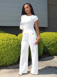 Steph T Bộ 2 món/Bộ đồ mặc nhà thêu dệt kim bó sát cho nữ, màu trắng mùa hè - trắng - Xem 6