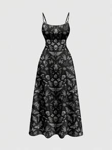 ROMWE Goth Vestido de tirantes finos con estampado de mariposas y polillas de estilo gótico y botánico, adecuado para vacaciones en la playa, tallas grandes - Negro - Ver 1