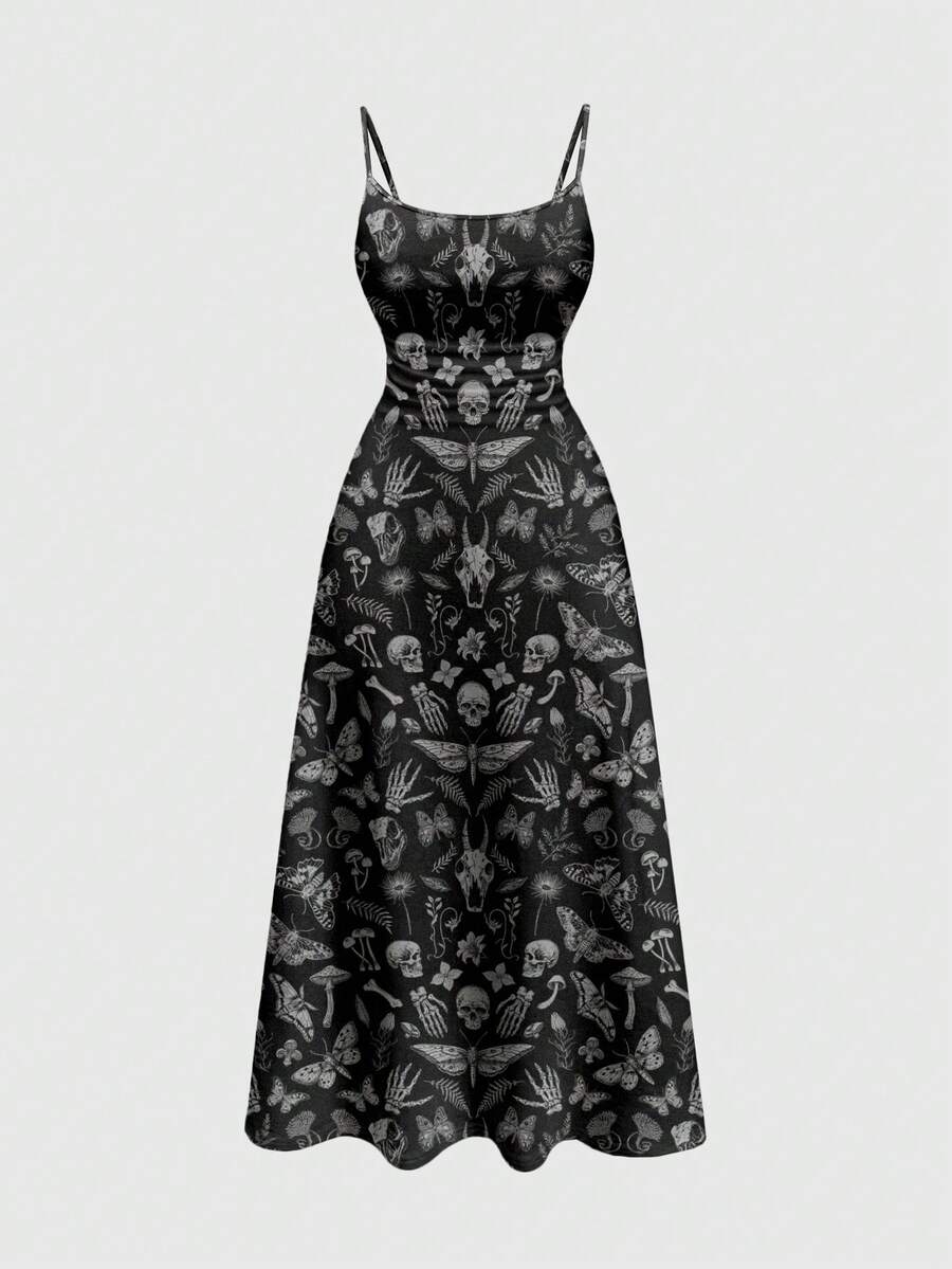 ROMWE Goth Vestido de tirantes finos con estampado de mariposas y polillas de estilo gótico y botánico, adecuado para vacaciones en la playa, tallas grandes - Negro - Ver 1