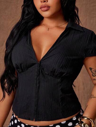 Rustia Áo sơ mi tay ngắn dáng ôm, cổ bẻ, màu trơn, thiết kế mùa hè mới với cúc cài, kiểu dáng đa năng.