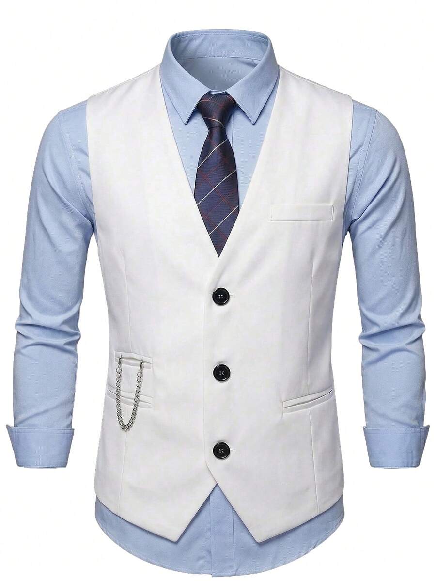 Manfinity Bizformal Áo vest công sở nam màu trơn, thích hợp đi làm. - trắng - Xem 1