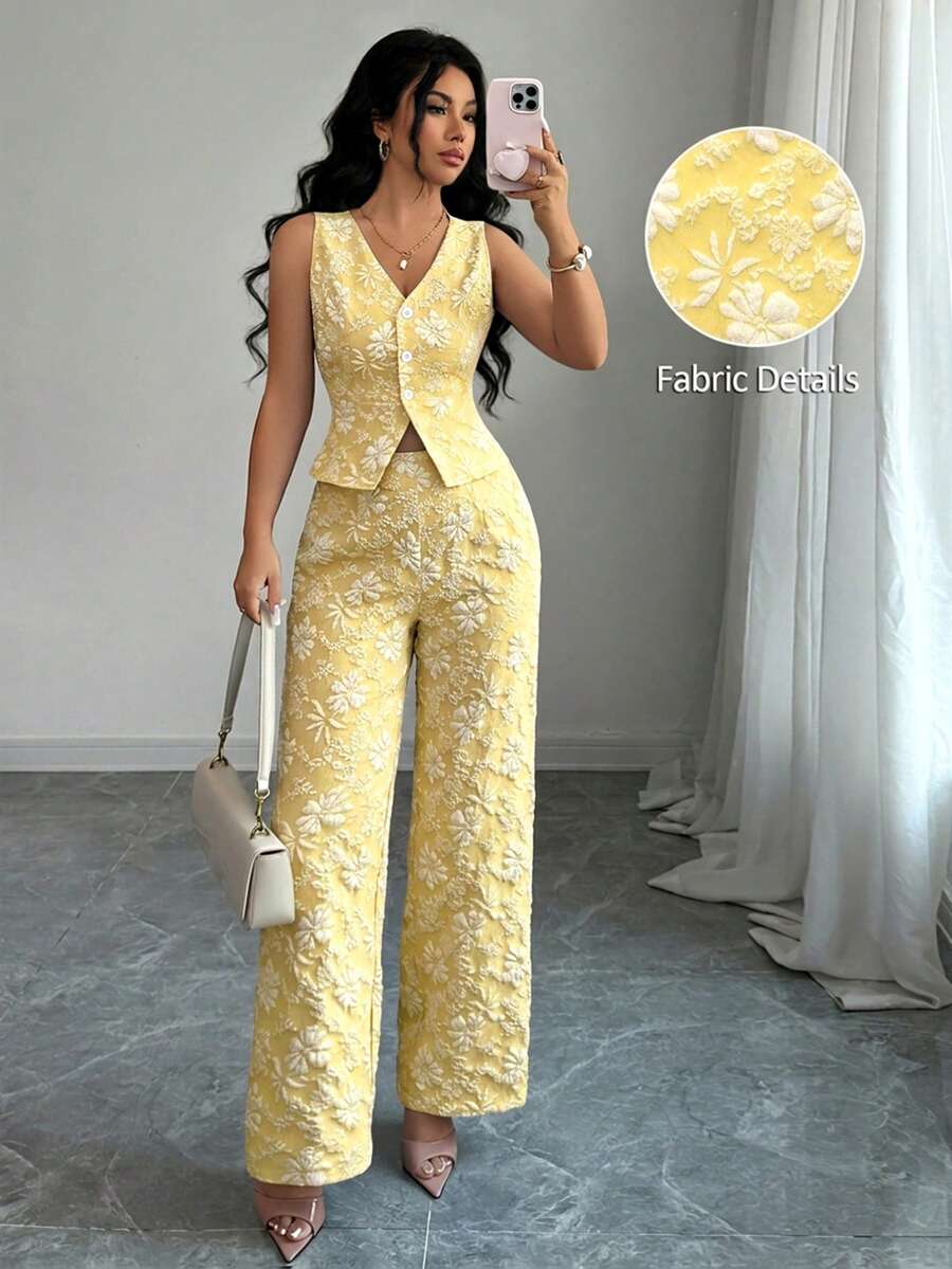 SHEIN Elenzya 女士夏季新款非洲雏菊提花压纹优雅休闲日常通勤商务套装蓝色背心和裤子两件套 - 淡黃色 - 查看 1