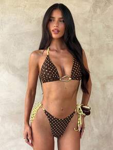 Opulessa 女士夏季沙滩波点吊带金属装饰性感比基尼和三角泳裤套装 - 彩色 - 查看 3