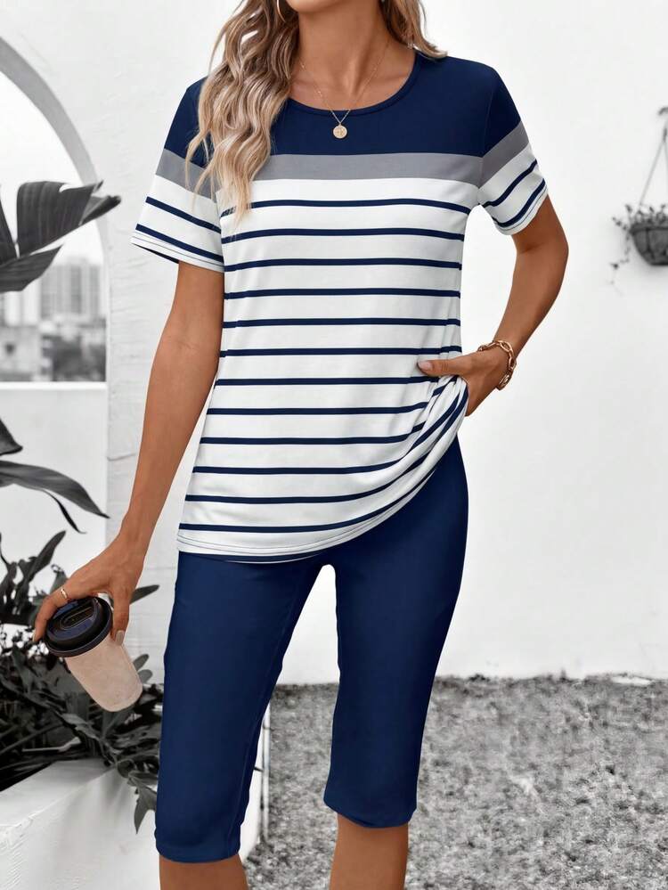 Casual Striped Pattern 2 Pieces Set For Women, Suitable For Summer Summer Outfits For Women Casual Sets For Women Summer Set Short Sets For Women Matching Sets For Women Summer Two Piece Set Outfit For Women Set Casual Nautical Outfits For Women Summer Outfits For Women Capri Two-Piece Set 2-Piece Going Out Sets For Women Matching Sets For Women