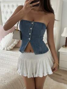 Women's Solid Color Front Button Slit Casual Tube Top Denim Blouse - Blue - View 5