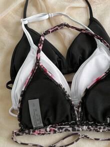 SHEIN Bộ bikini 3 mảnh họa tiết da báo và trắng/đen trơn dành cho bé gái tuổi teen, thích hợp cho kỳ nghỉ. - Nhiều màu - Xem 2