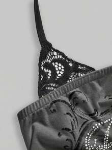 ROMWE J-Fashion Top sin mangas de 2 en 1 con contraste de encaje y estampado de esqueleto estilo punk Y2K - Multicolor - Ver 3