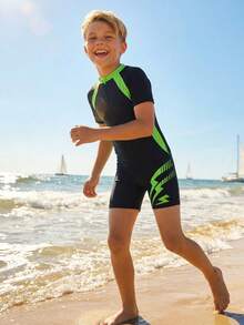 SHEIN Baju Renang Terusan Motif Olahraga untuk Anak Laki-Laki, Cocok untuk Pantai, Berenang, Berselancar, dan Anak-Anak - Hijau - View 4