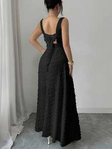 Elenzga Nuevo vestido de punto texturizado sin mangas con cuello cuadrado y diseño de lazo de mariposa en la espalda abierta, elegante vestido ajustado para fiesta - Negro - Ver 2