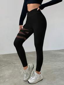 SHEIN EZwear Mesh Contrast High Waist Slim Fit Leggings - Black - View 5