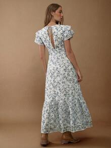 WESTFADE 印花雪纺V领荷叶袖层叠荷叶边长款连衣裙，适合秋季、冬季穿着，也可作为纳什维尔乡村音乐会服装，休闲、可爱、波西米亚风、西部风格女装。 - 藍色 - 查看 2