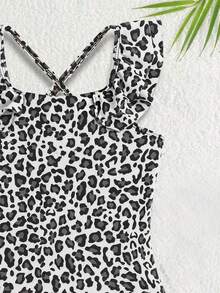 Baby Girl Leopard Print One-Piece Swimsuit,Adorned With Ruffles,Cute & Conservative Beach Sun Screen,Summer,Holiday,Swimming,Pool Party,Vacation - Multicolor - View 3