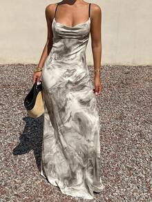 Livesso Đầm midi màu xám nhuộm tie-dye, dây mảnh, hở lưng, kiểu dây chéo, phong cách thường ngày, thích hợp cho kỳ nghỉ, đường phố, lễ hội âm nhạc, dành cho nữ, mùa xuân/hè. - Màu be - Xem 6