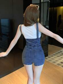 DAZY Celana Pendek Overall Denim Kasual Gaya Jalanan Luar Ruangan Wanita, Warna Biru Pudar Vintage, Kancing Ganda di Pinggang, Cocok untuk Musim Semi & Musim Panas - Biru - View 3