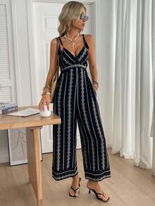 SHEIN LUNE Bộ jumpsuit nữ kiểu dáng thường ngày viền ren, thích hợp cho kỳ nghỉ hè, đi làm, mặc hàng ngày, không tay, có dây đeo. - Đen và trắng - Xem 4