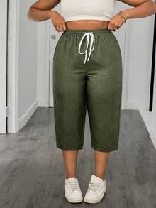 SHEIN PETITE CURVE Plus Drawstring Waist Capris Pants - Fresh Green - View 4