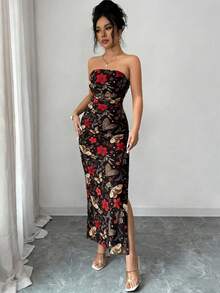 Vestido de fiesta elegante de mujer con cintura ceñida, estampado de malla teñida anudada y abertura lateral - Rojo y negro - Ver 7