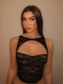 SHEIN PETITE CURVE 大码女式蕾丝上衣，黑色吊带背心，可拆卸胸衣露脐上衣，适合音乐节、假日、演唱会等场合穿着 - 黑色 - 查看 4