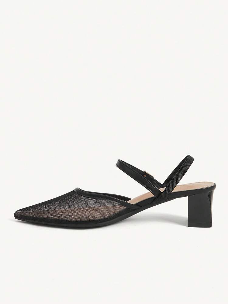 CUCCOO CHICEST Women's Pointed Toe Square Chunky Heel Black Mesh Comfortable Elegant Basic Office Lady High Heel Sandals, Spring/Summer