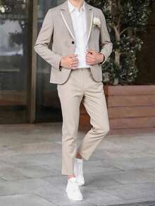 SHEIN 2pcs Tween Boy White Summer Elegant Traditional Wedding Suit,Casual Preppy Gentleman Solid Color Blazer Jacket And Elastic Waist Formal Trousers - Apricot - View 7