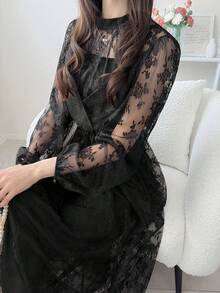 FRIFUL 女款圓領全蕾絲刺繡裝飾寬鬆A字洋裝，黑色花卉浪漫風，適合秋季婚禮、晚餐約會、派對與萬聖節，優雅上衣 - 黑色 - 查看 5
