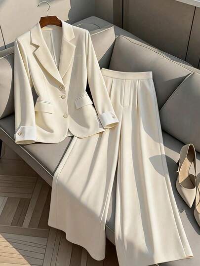 GlowEve CURVE 大码女式流行纯色撞色领长袖通勤套装，优雅修身剪裁，金属纽扣装饰，秋冬季百搭女装