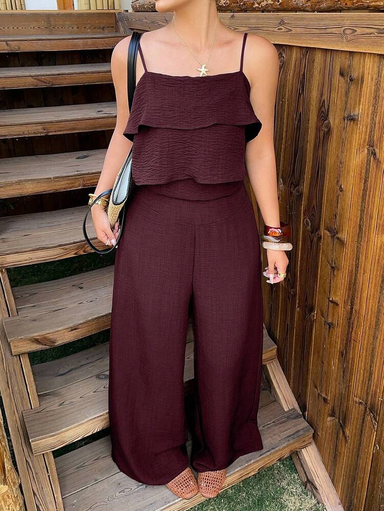 Dazy Plus Spring/Summer Vacation Style Cropped Camisole Top With Ruffle Hem And Casual Pants Set, Plus Size Lounge Sets For Women