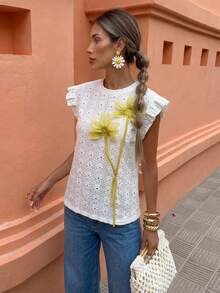 Flora Isola Flora Isola Áo thun nữ cổ tròn, tay ngắn thanh lịch, họa tiết hoa 3D, chất liệu vải jacquard dệt nổi, thích hợp mặc hàng ngày, công sở và đi nghỉ mát, mùa xuân/hè. - Màu be - Xem 6