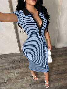 SHEIN SXY Rochie polo cu dungi minimaliste casual pentru femei, rochie tricotată cu elastic, lungime medie, rochie elegantă franțuzească - Albastru - Vizualizare 3