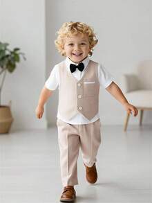 两件套幼儿绅士套装：驼色背心、白色纽扣衬衫（带撞色滚边口袋）、松紧腰裤，适合一周岁生日派对、婚礼、生日聚会、毕业典礼等场合。 - 卡其色 - 查看 1