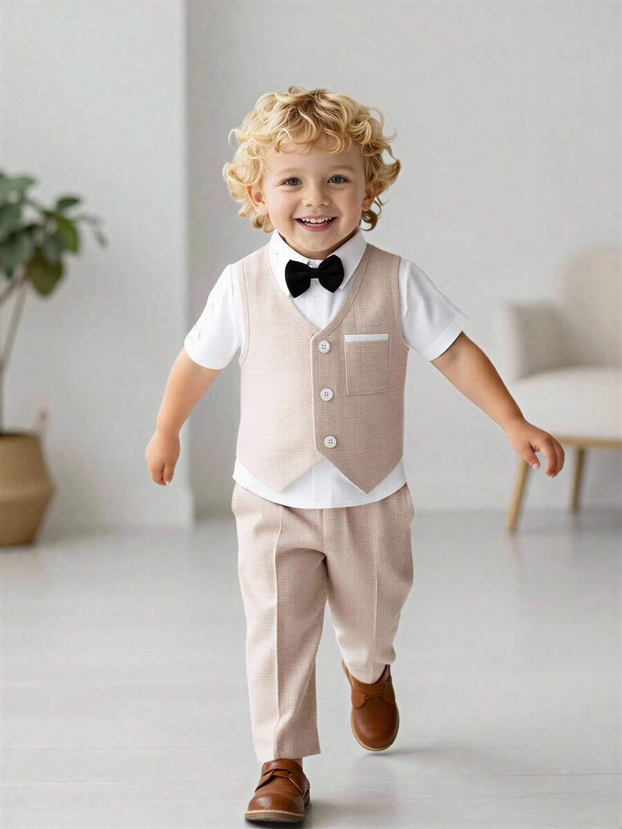 两件套幼儿绅士套装：驼色背心、白色纽扣衬衫（带撞色滚边口袋）、松紧腰裤，适合一周岁生日派对、婚礼、生日聚会、毕业典礼等场合。 - 卡其色 - 查看 1