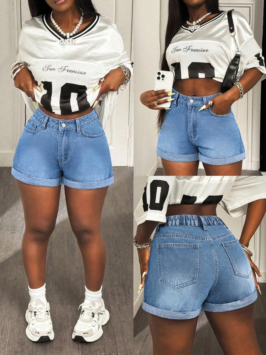 SHEIN SXY Pantalones cortos vaqueros holgados, de talle alto con bolsillos para mujer de talla grande - Lavado ligero - Ver 1