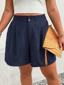 SHEIN LUNE CURVE Plus Size Women's Woven Casual Loose Comfy Shorts With Side Pockets, Navy Blue, Summer - Navy Blue - View 5
