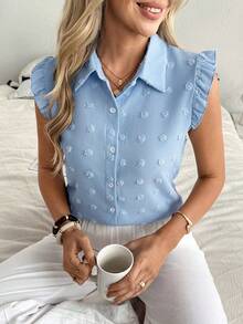 Louniche French Elegant Ruffle Sleeveless Blouse Baby Blue Shirt Button Up Top Baby Blue Top Women Women Shirts For Summer Light Blue Blouse Baby Blue Blouse Button Up Blouse Button Up Tops Womens Work Shirts Work From Home Outfits Womens Tops And Blouses Work Blouses Work Outfits Women - Blue - View 3